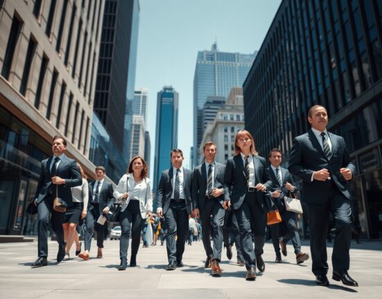 Professionals walking in a Sydney business district, reflecting steady Australian labor market conditions in June.