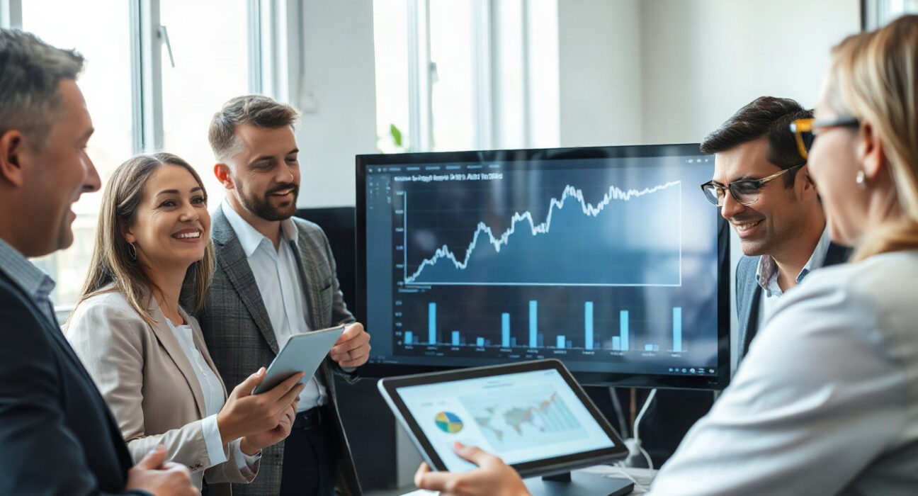 Australian workers reviewing wage growth charts on a digital screen in a modern office