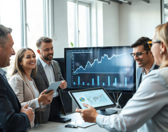 Australian workers reviewing wage growth charts on a digital screen in a modern office