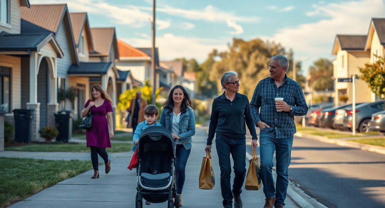 Australian shoppers and families walking on a sunny suburban street, representing improved consumer confidence.