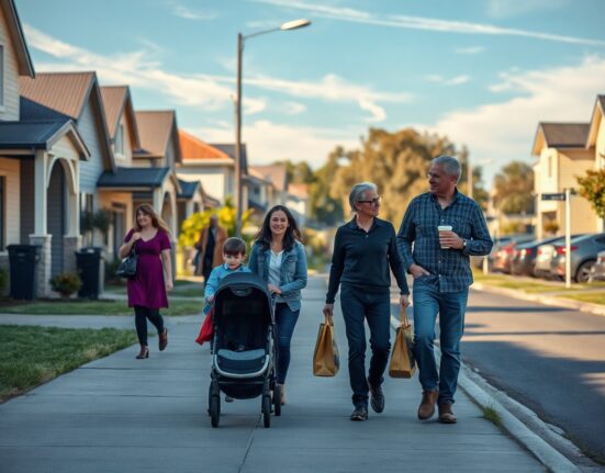Australian shoppers and families walking on a sunny suburban street, representing improved consumer confidence.