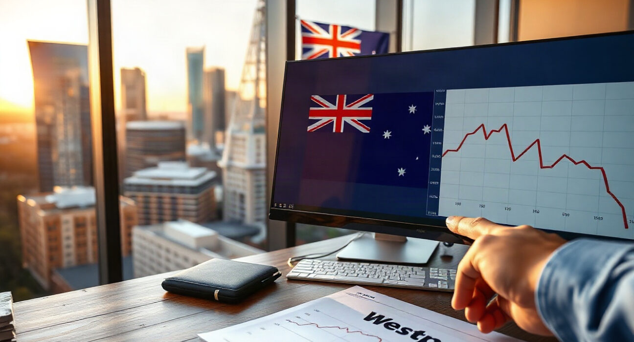 Financial analyst reviewing a downward-trending chart on a monitor in a Sydney office with skyline view.