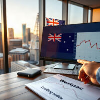 Financial analyst reviewing a downward-trending chart on a monitor in a Sydney office with skyline view.