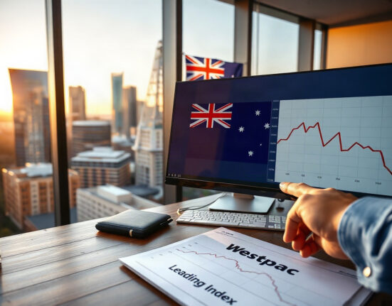Financial analyst reviewing a downward-trending chart on a monitor in a Sydney office with skyline view.