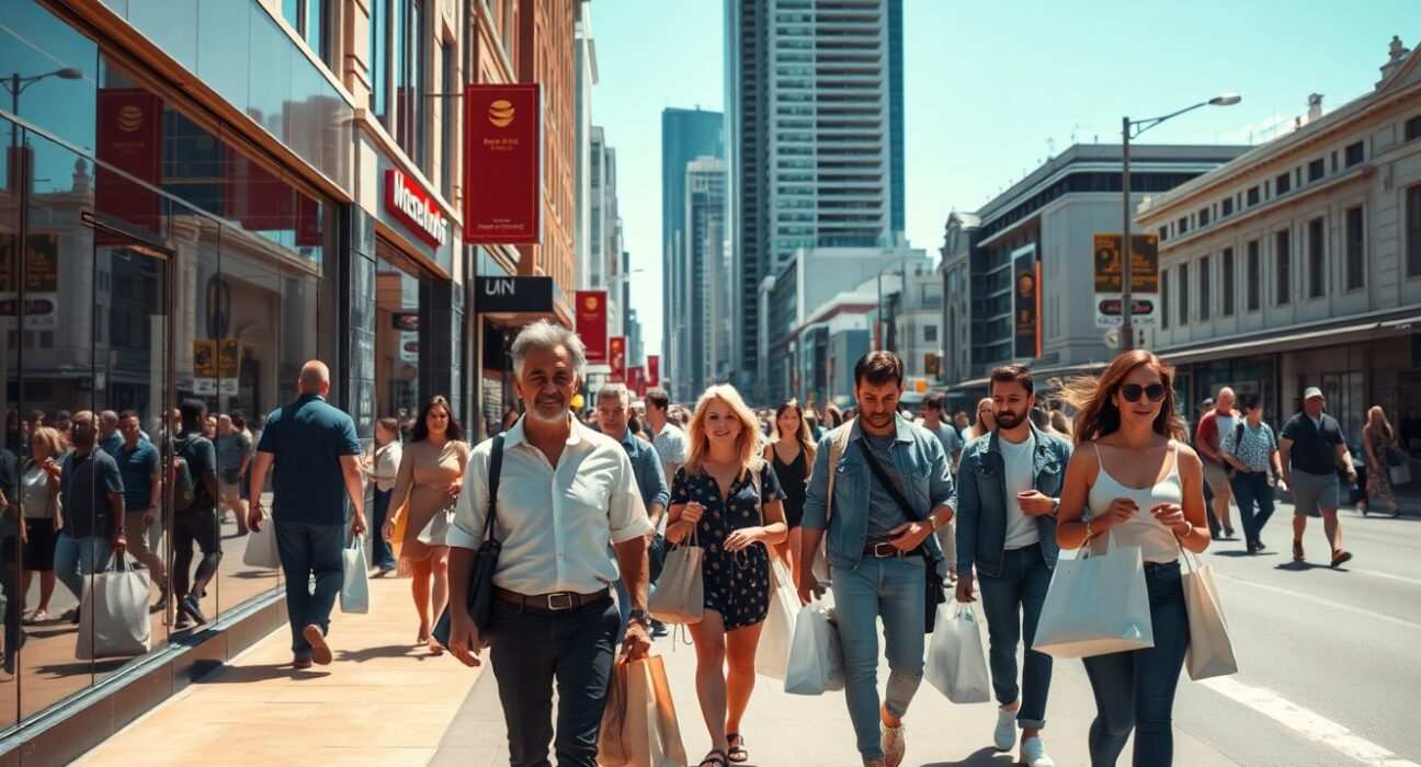 Shoppers on a busy Australian street, representing consumer confidence data.