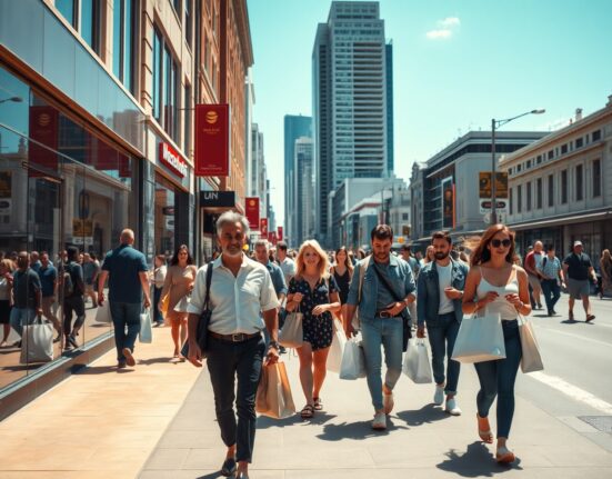 Shoppers on a busy Australian street, representing consumer confidence data.