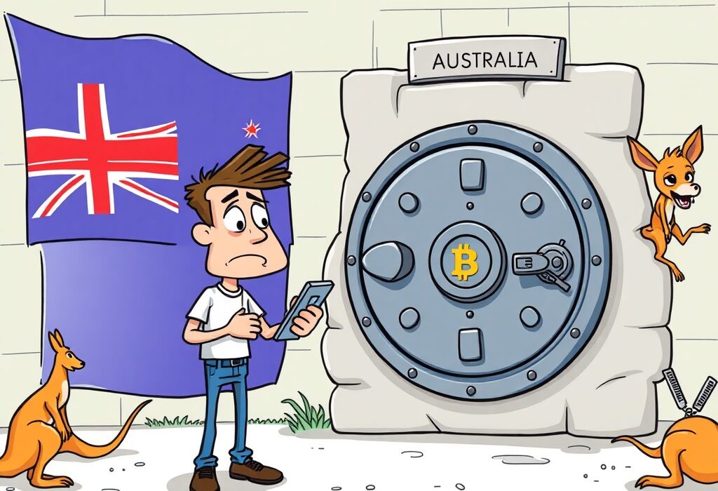 A frustrated Australian crypto user faces a symbolic banking barrier, highlighting the ongoing challenges in Australian crypto banking.