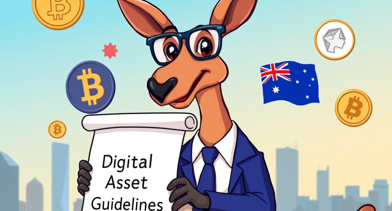 A cartoon kangaroo, representing ASIC, holding updated Australian crypto regulations for digital assets, symbolizing expanded oversight.