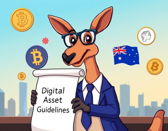 A cartoon kangaroo, representing ASIC, holding updated Australian crypto regulations for digital assets, symbolizing expanded oversight.