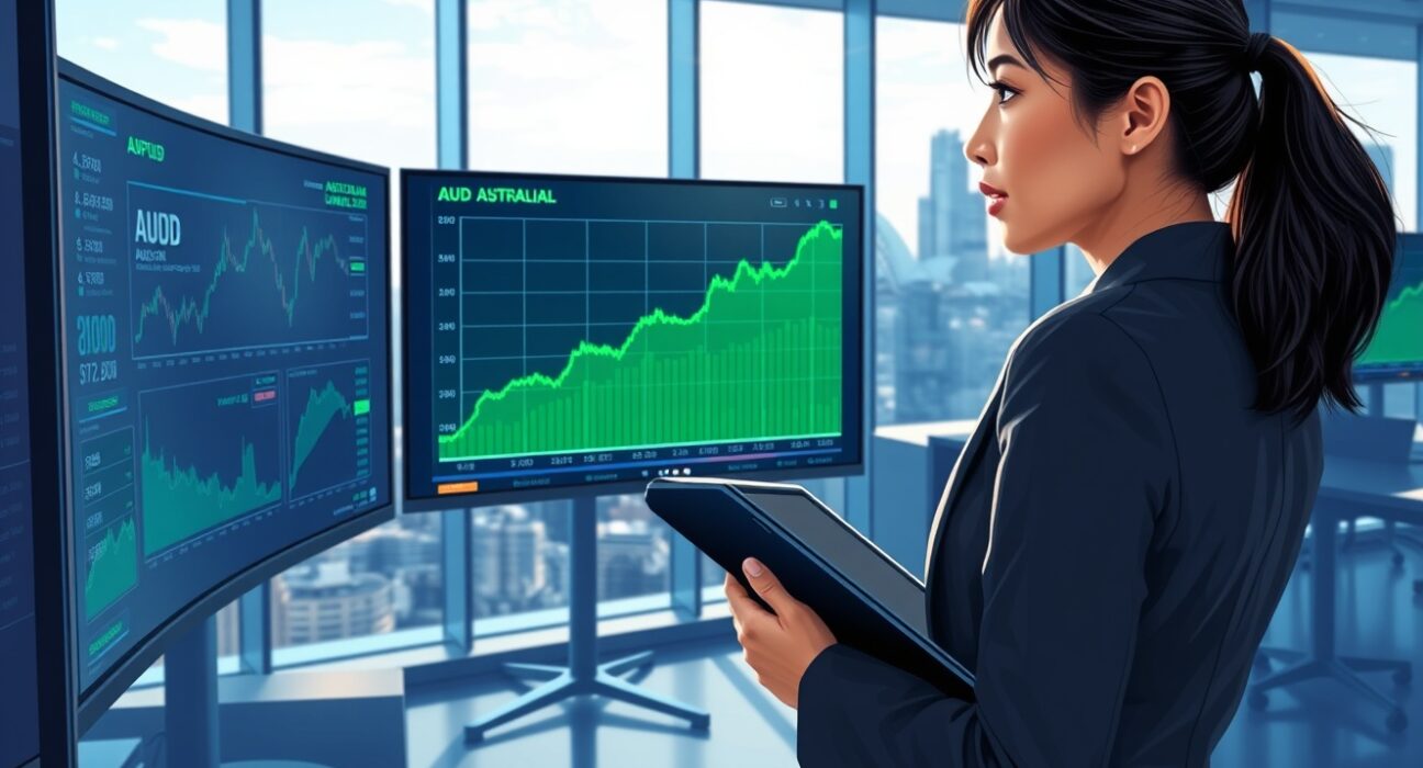 Trader analyzes surging Australian Dollar chart on trading floor amid 2025 risk rally.