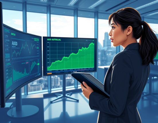 Trader analyzes surging Australian Dollar chart on trading floor amid 2025 risk rally.