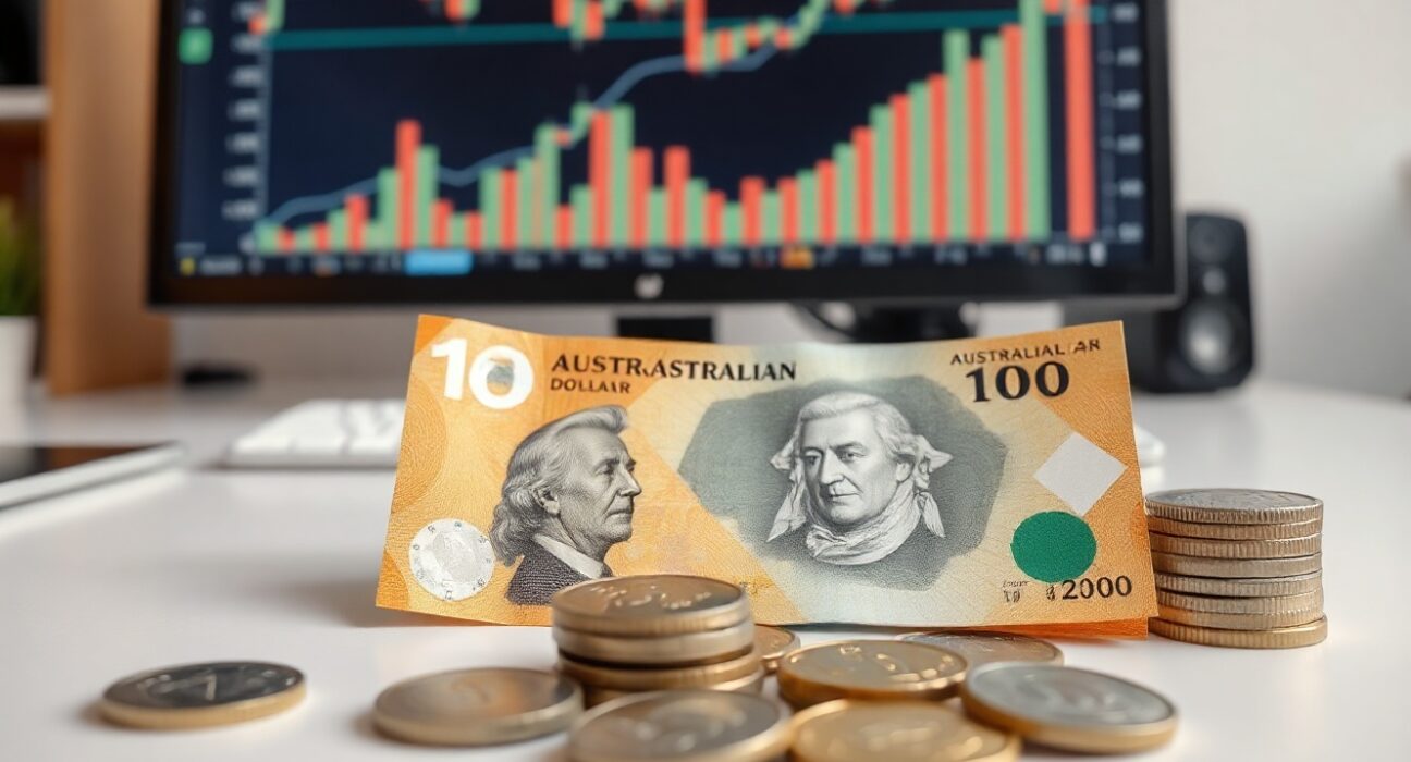Australian Dollar banknotes and coins on a desk with financial charts in the background