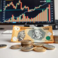 Australian Dollar banknotes and coins on a desk with financial charts in the background