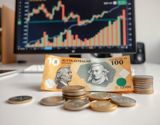 Australian Dollar banknotes and coins on a desk with financial charts in the background