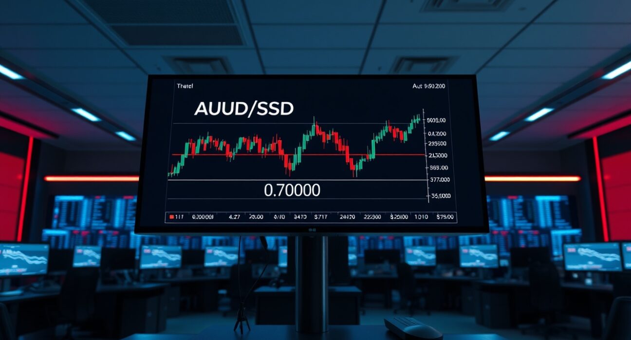 AUD/USD exchange rate chart on a trading floor display showing price above 0.7000