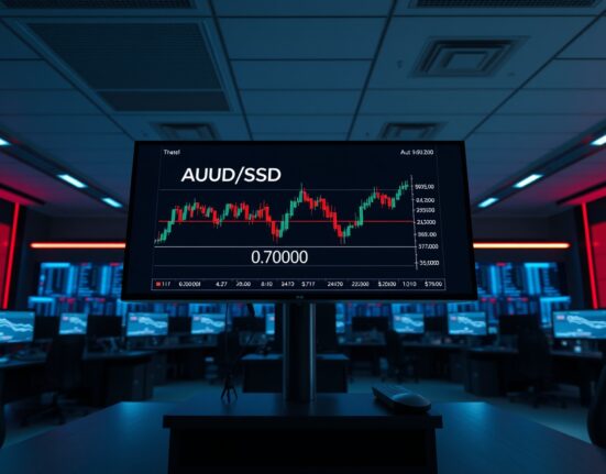 AUD/USD exchange rate chart on a trading floor display showing price above 0.7000