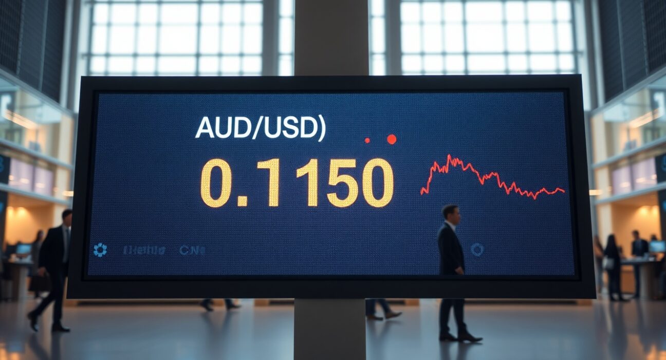AUD/USD exchange rate board showing 0.7150 in a modern financial district setting