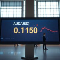 AUD/USD exchange rate board showing 0.7150 in a modern financial district setting