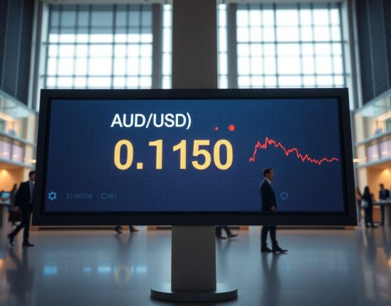 AUD/USD exchange rate board showing 0.7150 in a modern financial district setting
