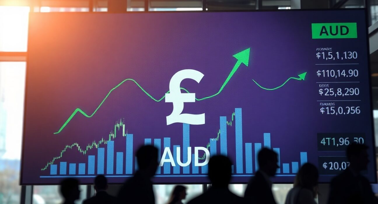 Australian Dollar symbol on a digital trading screen with rising charts in a modern financial district setting.