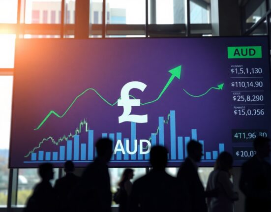Australian Dollar symbol on a digital trading screen with rising charts in a modern financial district setting.