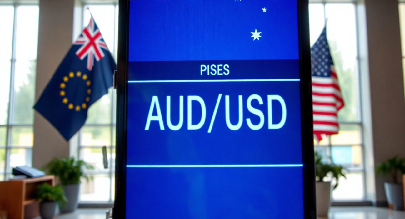 AUD/USD exchange rate board with Australian and US flags in background