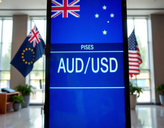 AUD/USD exchange rate board with Australian and US flags in background