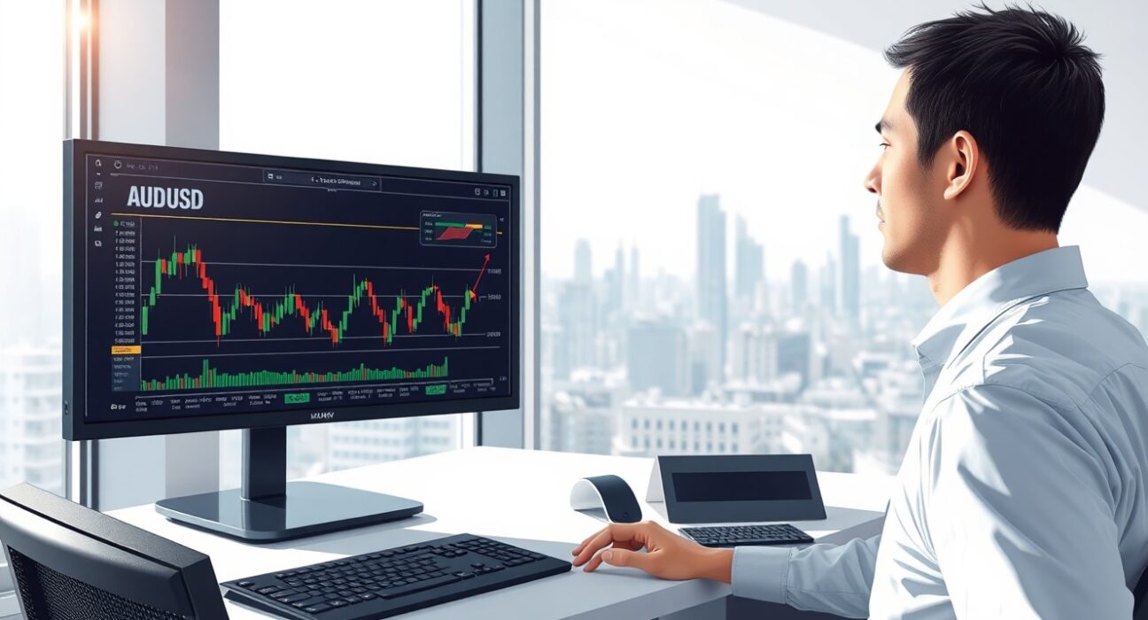 Forex trader analyzing Australian dollar charts and RBA policy impacts on currency markets