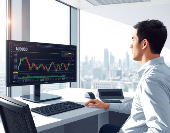 Forex trader analyzing Australian dollar charts and RBA policy impacts on currency markets