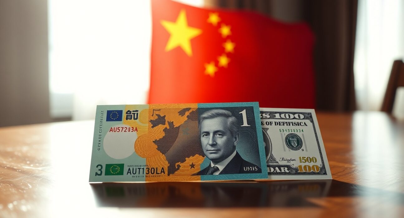 Australian and US dollar banknotes on a table with Chinese flag in background