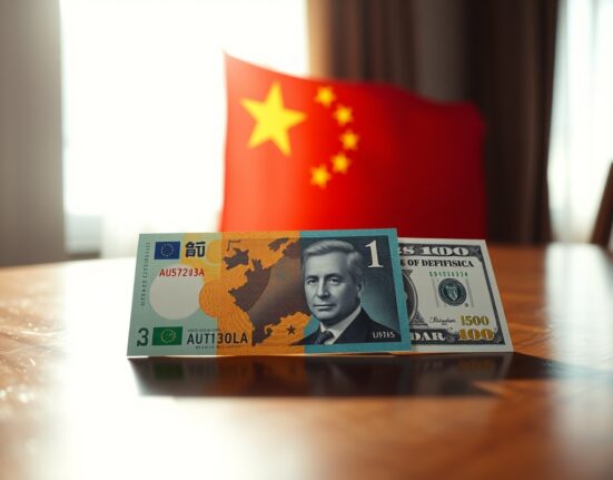 Australian and US dollar banknotes on a table with Chinese flag in background