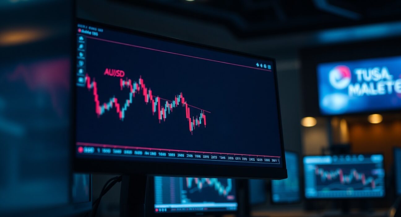 AUD/USD currency pair chart showing a decline on a trading monitor in a dimly lit financial trading floor