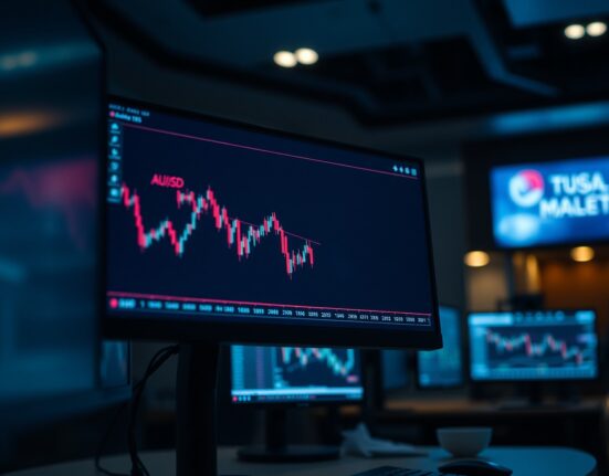 AUD/USD currency pair chart showing a decline on a trading monitor in a dimly lit financial trading floor