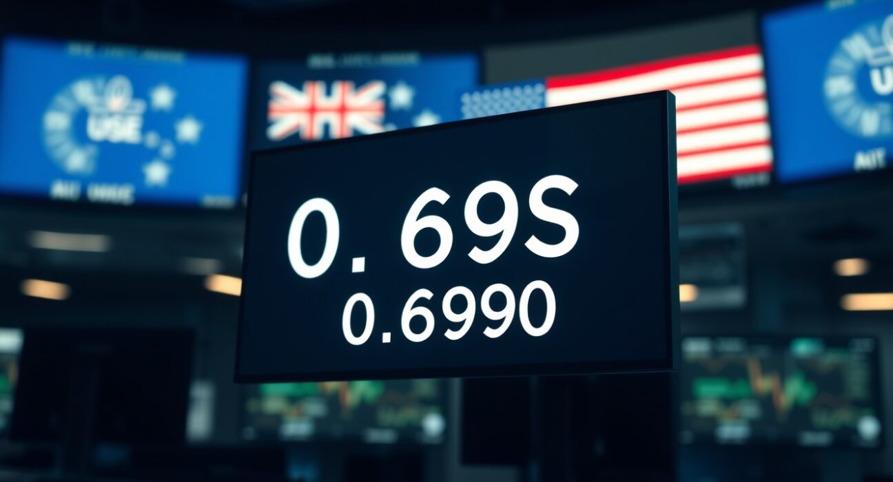 Digital trading screen showing AUD/USD exchange rate at 0.6990 with Australian and US flags in background