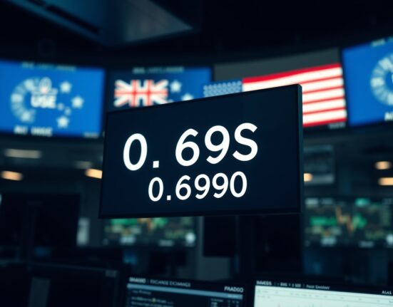 Digital trading screen showing AUD/USD exchange rate at 0.6990 with Australian and US flags in background