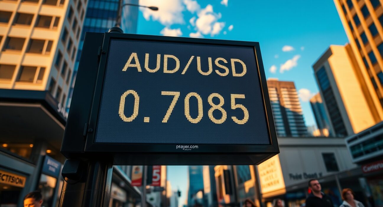 Currency exchange board showing AUD/USD rate at 0.7085 in a financial district