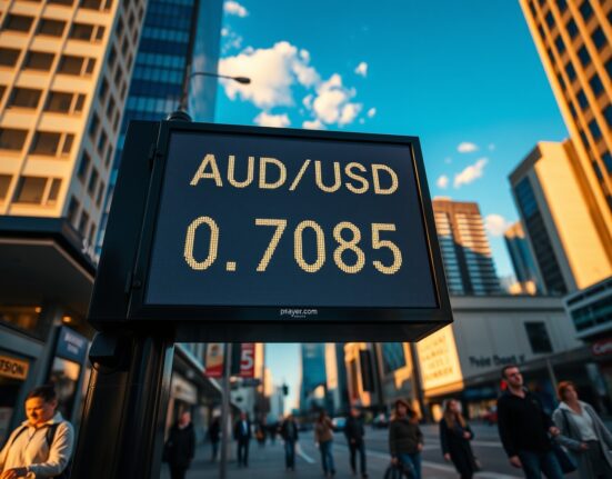 Currency exchange board showing AUD/USD rate at 0.7085 in a financial district