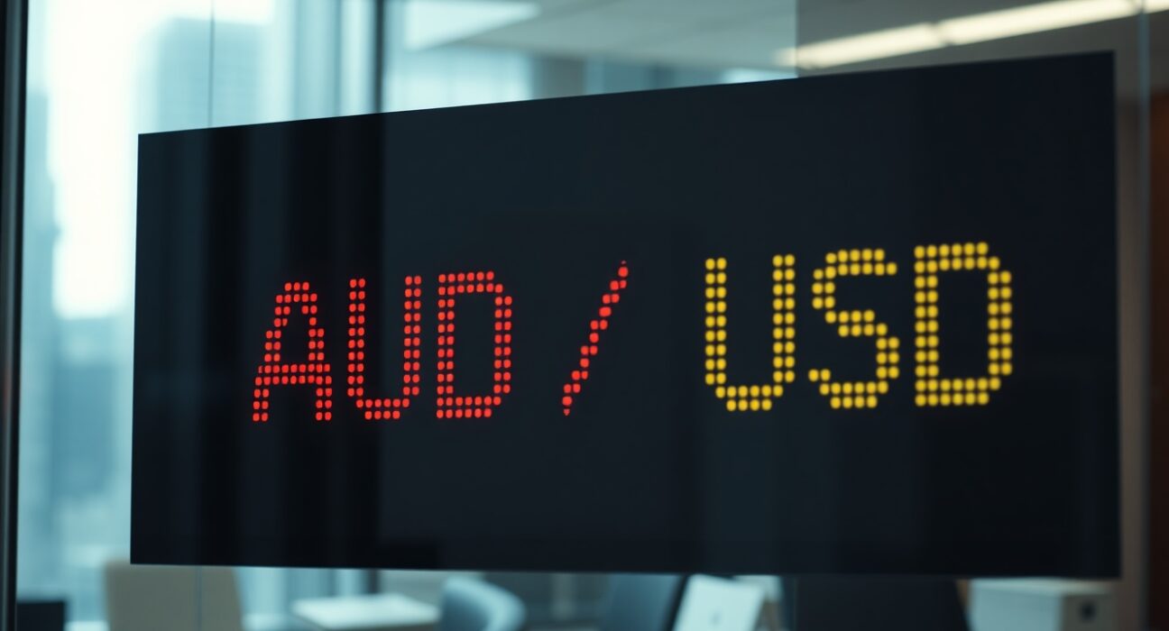 AUD/USD exchange rate display on a trading screen in a financial district