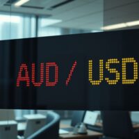 AUD/USD exchange rate display on a trading screen in a financial district