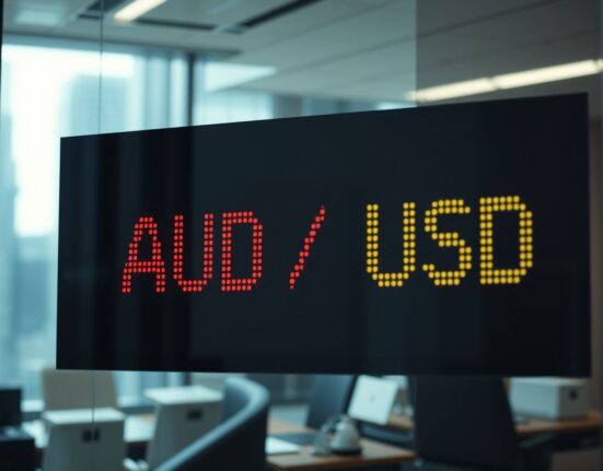 AUD/USD exchange rate display on a trading screen in a financial district