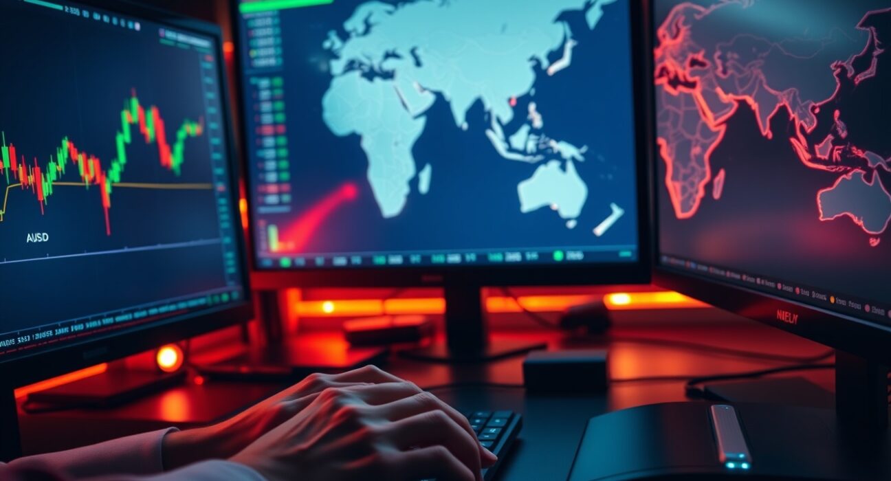 Trading desk monitors showing AUD/USD charts amid geopolitical tensions