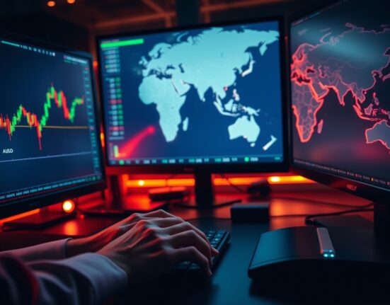 Trading desk monitors showing AUD/USD charts amid geopolitical tensions