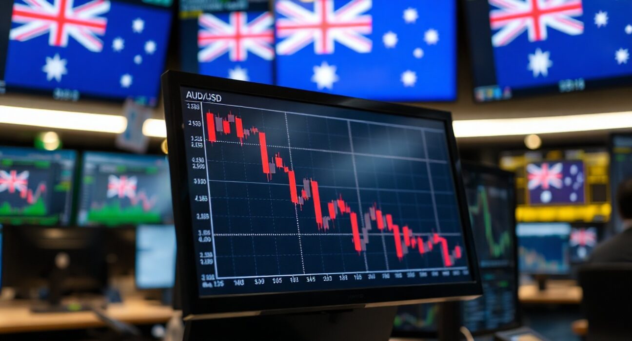 AUD/USD currency chart showing downward movement on a trading screen