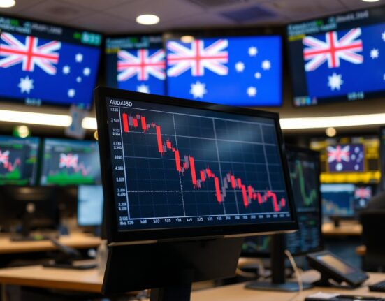 AUD/USD currency chart showing downward movement on a trading screen