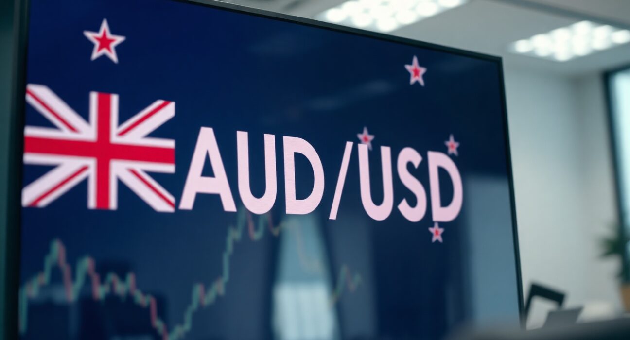 Digital trading screen showing AUD/USD exchange rate with Australian flag in background
