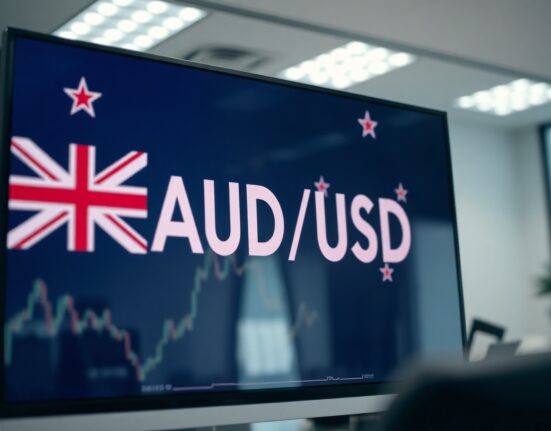 Digital trading screen showing AUD/USD exchange rate with Australian flag in background