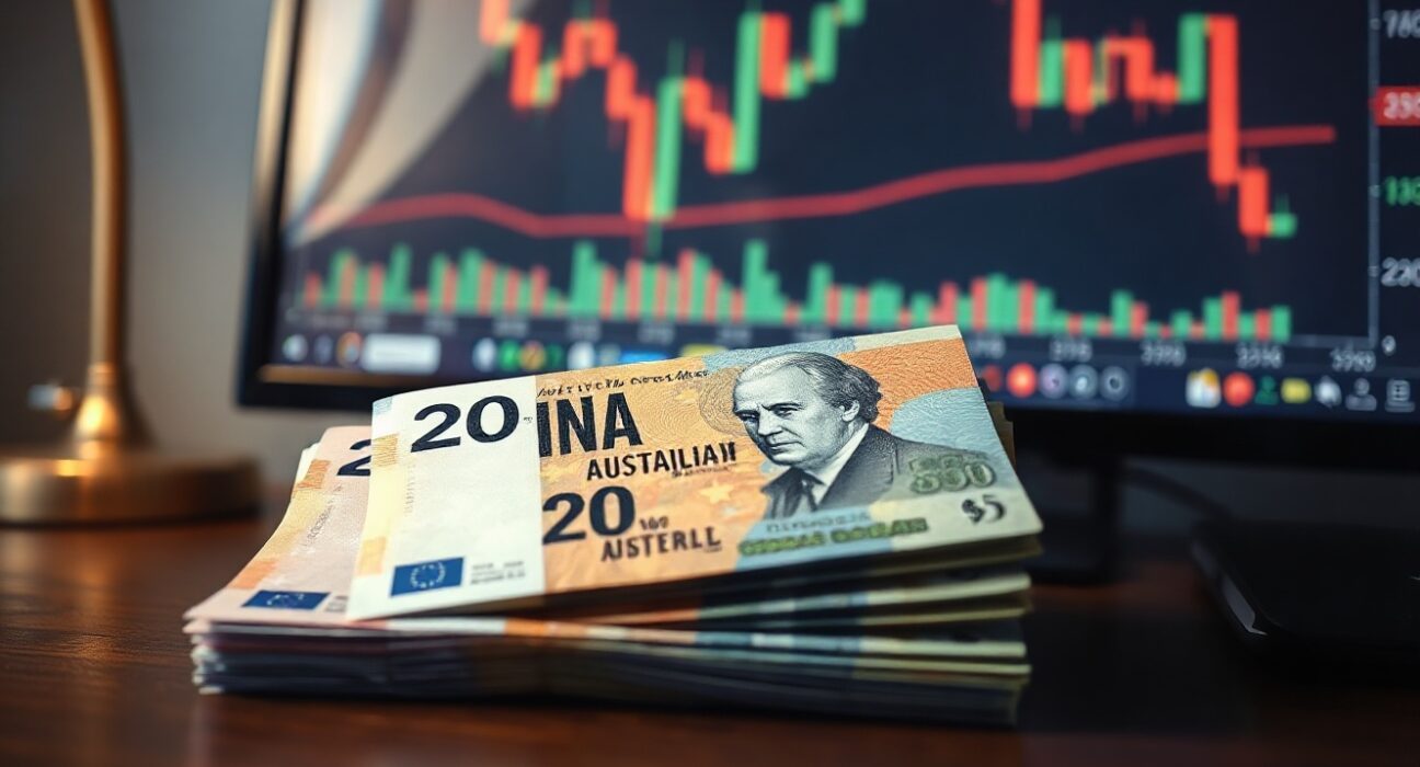 Stack of Australian dollar banknotes with a forex trading chart in the background.