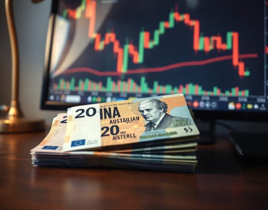 Stack of Australian dollar banknotes with a forex trading chart in the background.