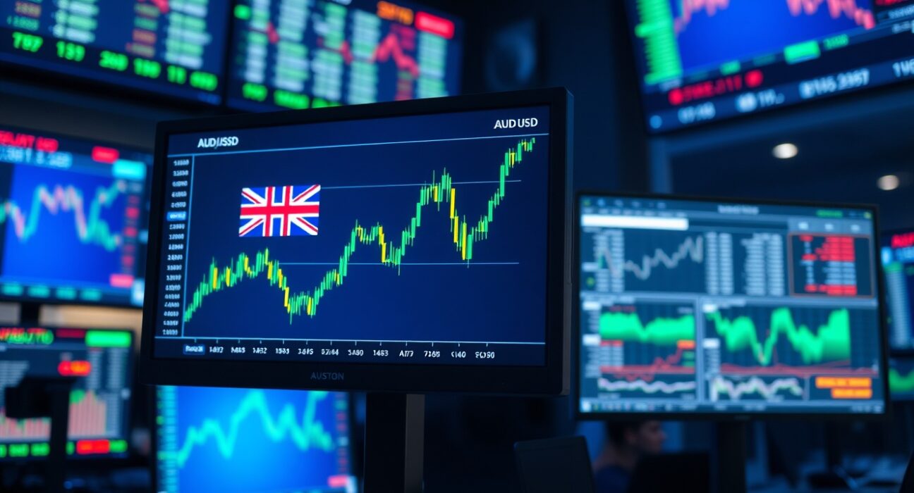 Financial trading desk with AUD/USD forex chart showing bullish trend and Australian flag watermark
