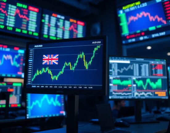 Financial trading desk with AUD/USD forex chart showing bullish trend and Australian flag watermark